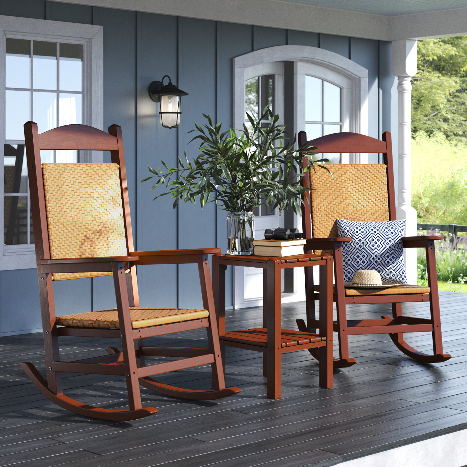 POLYWOOD Presidential Woven Rocker 3-Piece Set in Mahogany / Tigerwood