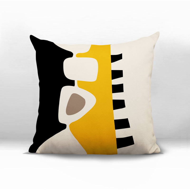 Oreiller carré réversible intérieur / extérieur Kanai, H 15 po x l 15 po, Jaune / noir / blanc cassé abstrait