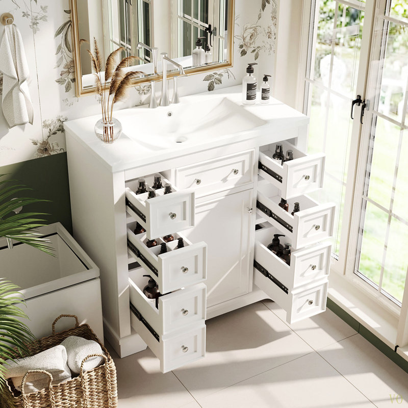 Ensemble de meuble-lavabo 36 po avec lavabo, une armoire et six tiroirs, bois massif et panneau de fibres à densité moyenne