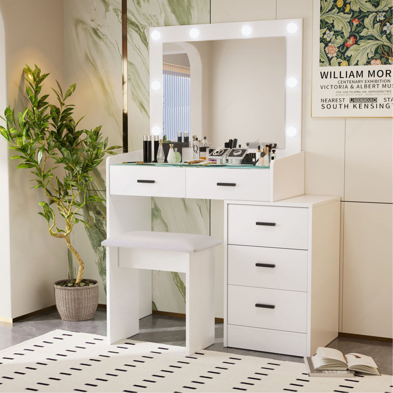 White Color Adjustable Dressing Table With 5 Drawers