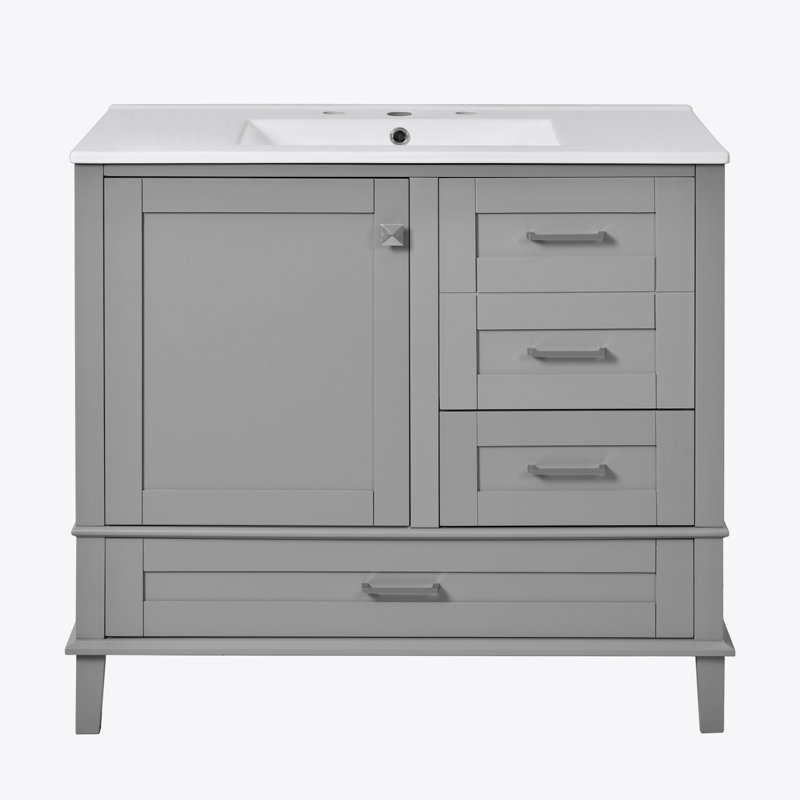 36" Bathroom Vanity with Solid Pine Frame, 1 Soft Close Door and 3 Drawers , Modern Storage Cabinet, Grey