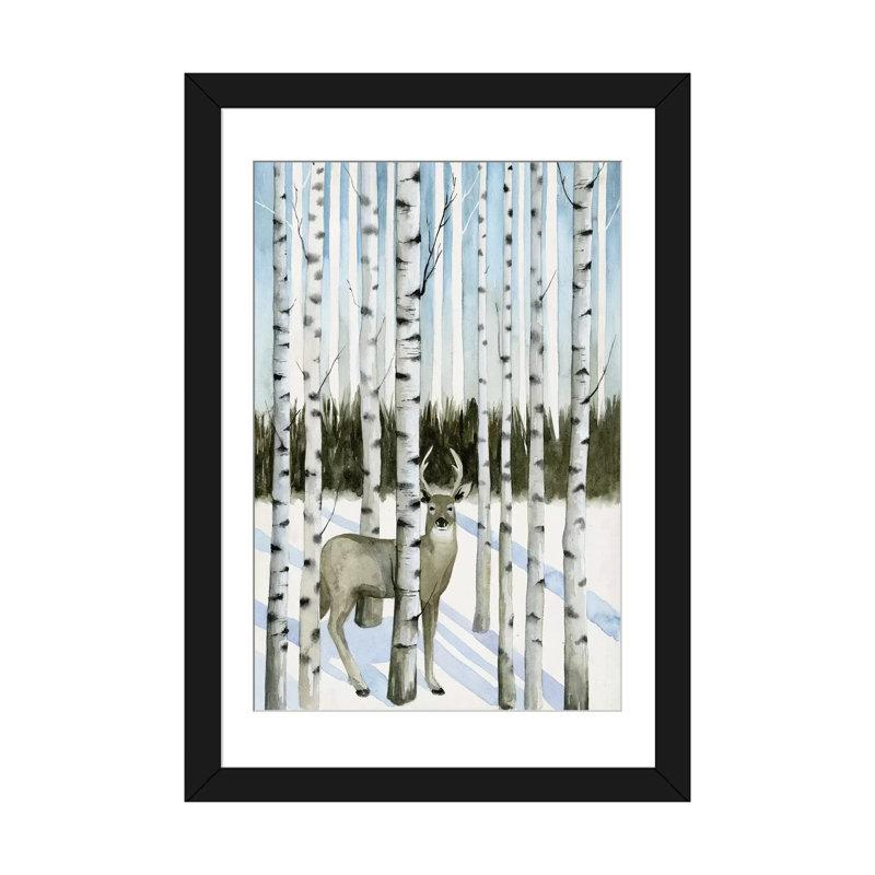 «Deer in Snowfall I» par Grace Popp - impression sur toile, H 24 po x l 16 po x P 1 po, Papier d'art encadré noir, Blanc