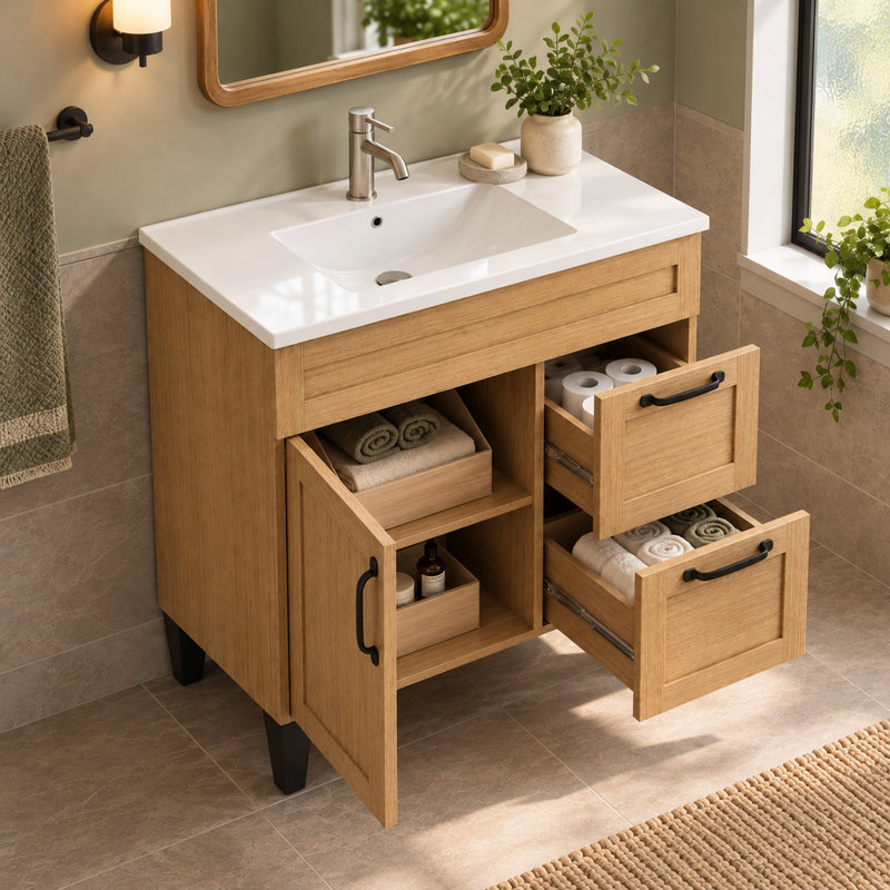 Ensemble meuble-lavabo et lavabo pour salle de bain, comprenant un meuble de 31,66 pouces avec deux tiroirs et des portes à fermeture douce — convient à une utilisation dans une salle de bain.