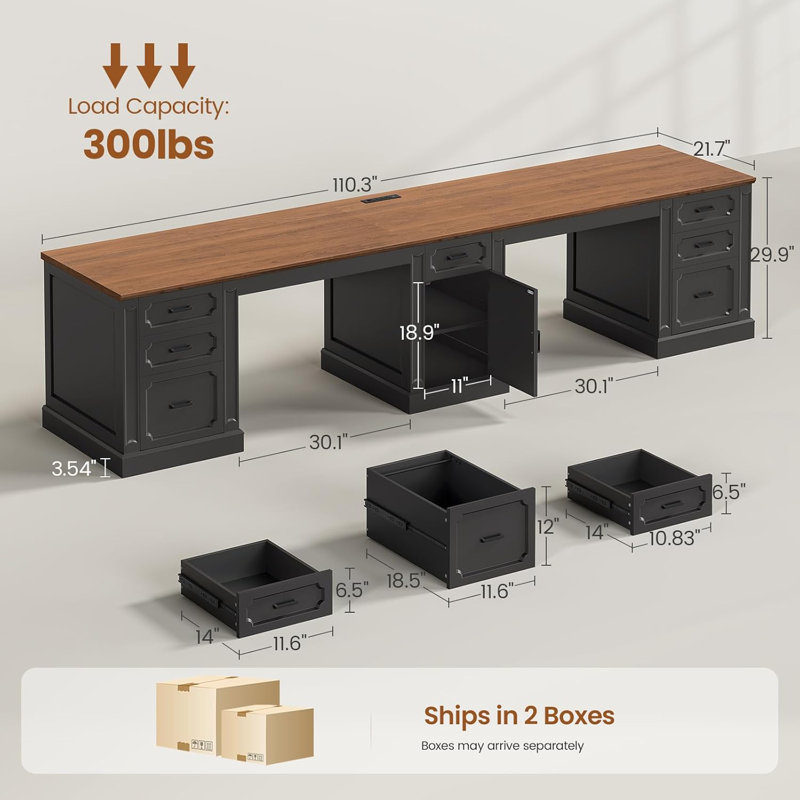 Farmhouse 110.3" Two Person Desk With 7 Drawers, Brown/Black