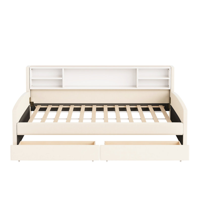 Lit de rangement simple tapissier beige avec tiroirs spacieux, plateforme luxueuse en velours, tête de lit et grands tiroirs pour la literie