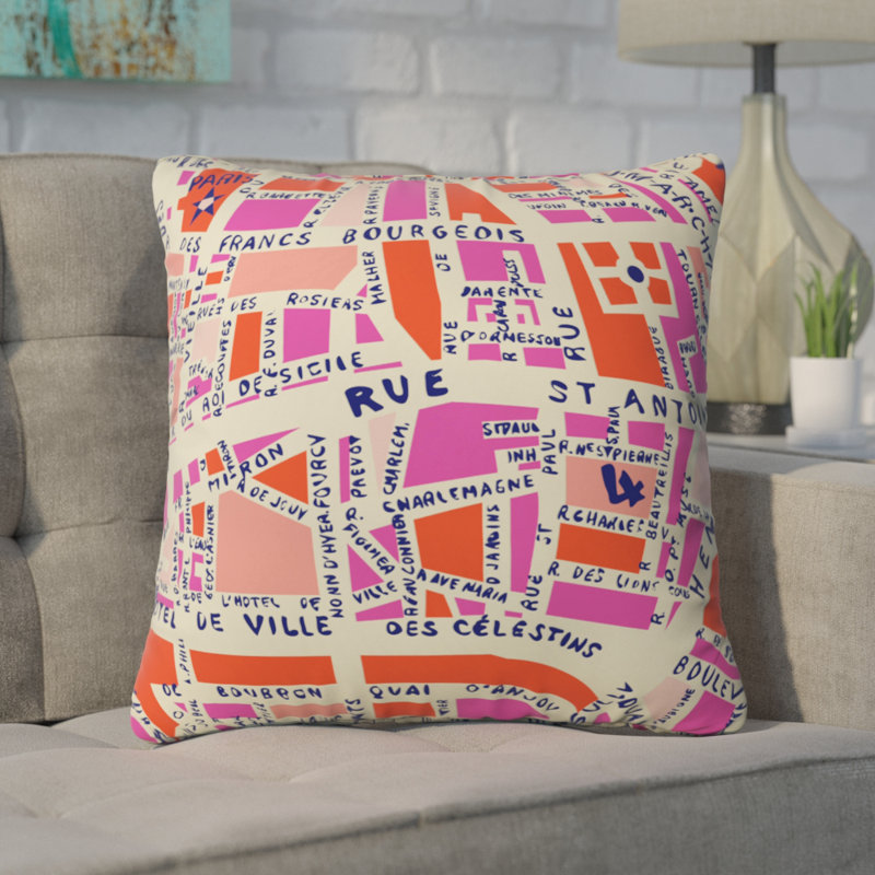 Holli Zollinger Paris Map Pink Indoor / Outdoor Throw Pillow, 18" x 18"