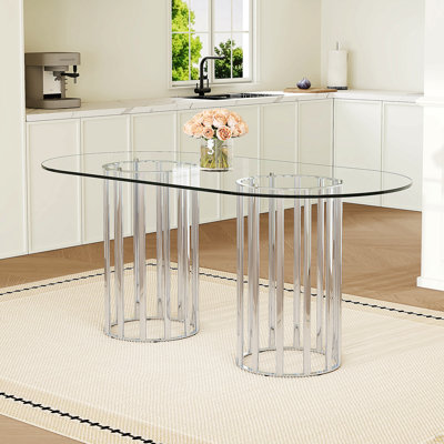 71 Inch Oval Tempered Glass Dining Table,Silver Double Column Light Luxury Style,Tempered Glass Scratch Resistant And Easy To Clean.Suitable For 6-8 People Dining,Modern Light Luxury Restaurant Table.
