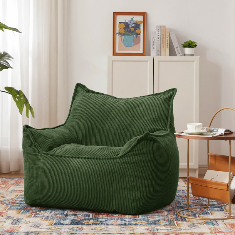 Modern Compression 39"W Oversized Corduroy Bean Bag Chair Filled with Memory Sponge, Green Corduroy
