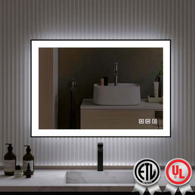 40 in. W * 24 in. H Rectangular Framed Anti-Fog LED Wall Bathroom Vanity Mirror in Black with Backlit and Front Light