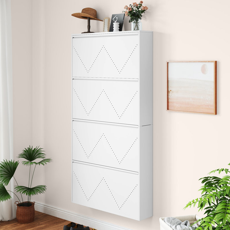 Metal Shoe Storage Cabinet 4 Flip Drawers Steel Wall-Mounted Shoe Rack Organizer, White