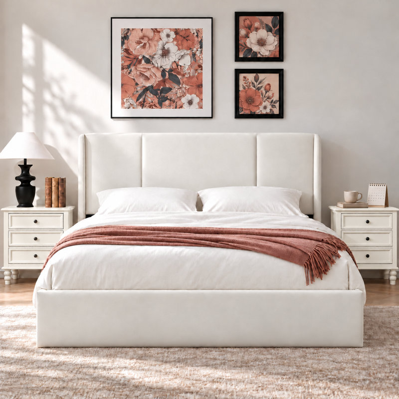 Coletti Hydraulic Lift Up Storage Wingback Upholstered Platform Bed, Queen, Off White Velvet