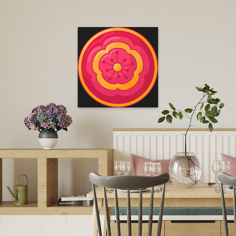 Art floral abstrait avec médaillon rose, H 18 po x l 18 po