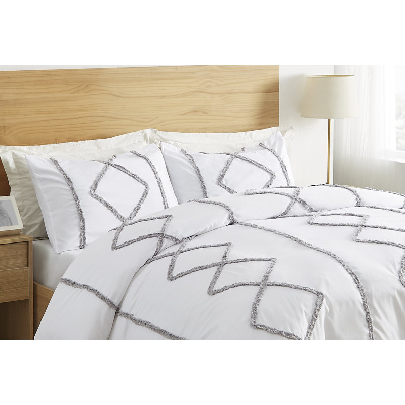 White and Grey Geometric Tufted Fringe Pillow Sham Set