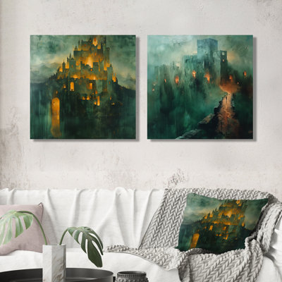 Green Yellow Medieval Majesty Fortress I - Fortresses Wall Art - Industrial Wall Art Set 2 Piece