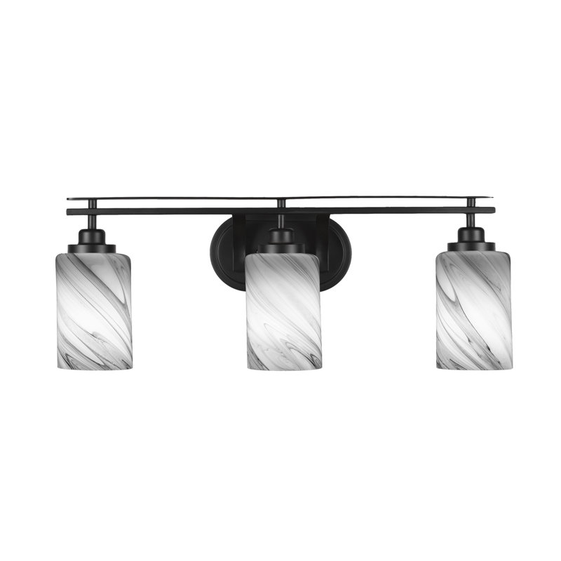 Barre d'éclairage de salle de bain 3 lumières Odyssey au fini noir mat avec verre tourbillon onyx de 4 po