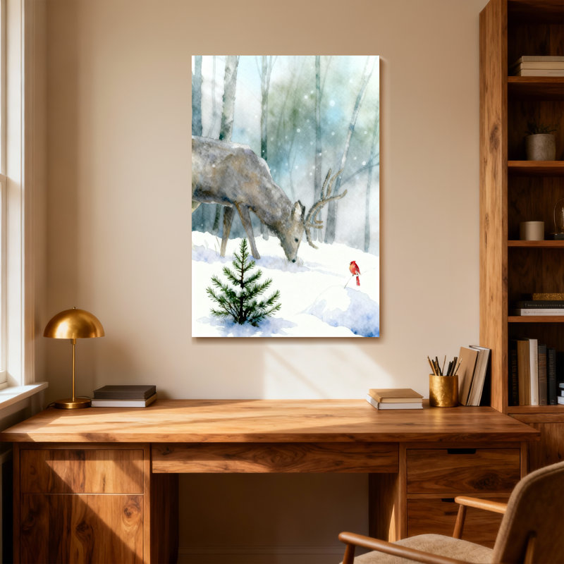 Animals Winter Deer Snow Forest Bird Pine Tree, 18" H x 12" W