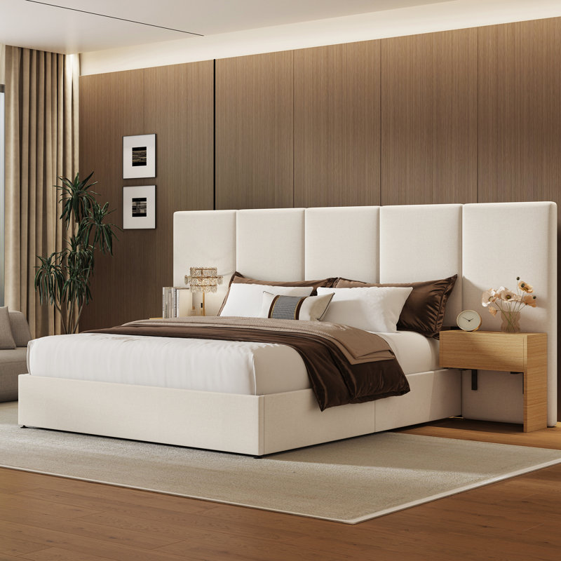Lit tapissier avec rangement à levage hydraulique, lit plateforme avec 2 tables de chevet attachées, beige, Queen, Beige