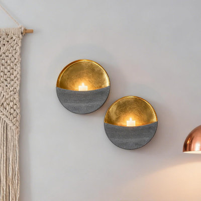 Candle Sconces Set Of 2 - Modern Gray Metallic Wall Candle Holders With Gold Foil Interior, Christmas Wall Decor For Living Room, Bedroom, Or Modern Farmhouse Decor