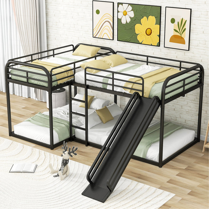 Lit superposé en L pour lit double et simple avec glissière et échelle courte