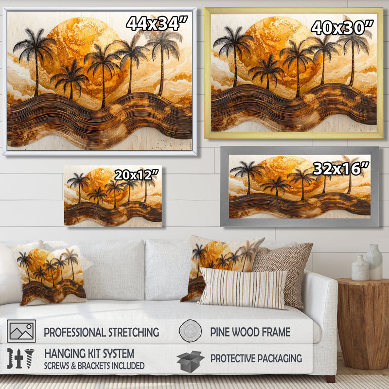 «Copper Plams Tree On Wood Landscape IV - Palms», reproduction d'art sur toile, H 34 po x l 44 po, Doré