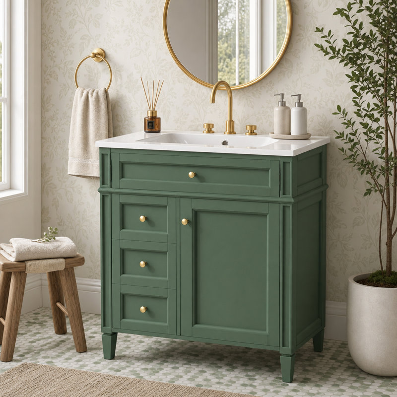 Meuble-lavabo autoportant vert sauge mat avec lavabo intégré blanc