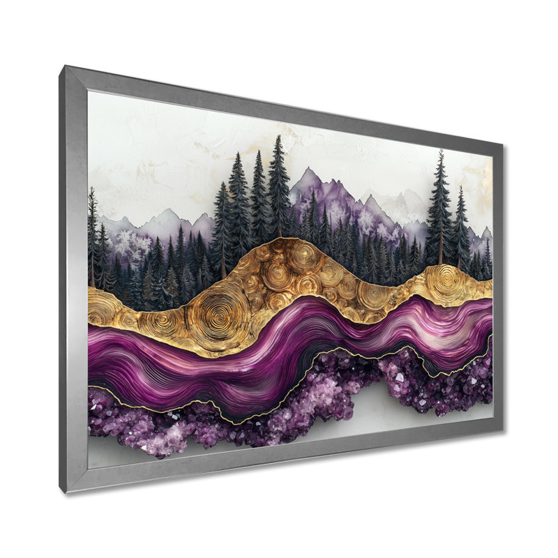 Forêt, rivière, améthyste, cristal I - forêt, art mural sur toile, Argent argent, Cadre simple, H 12 po x l 20 po
