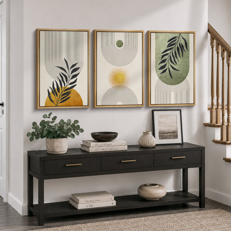«Mid Century Modern Boho», pastel vert géométrique, feuille de palmier jungle, H 24 po x l 48 po, Brun