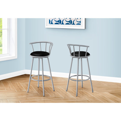 Of 2 Swivel , Bar Height, Grey Metal Body, Black Leather Look Seat, Contemporary Style Height Stools, Upholstered Modern Chic