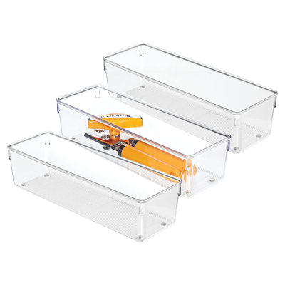 iDesign Plastic Drawer Organizer Bins - Storage for Kitchen, Bathroom, and Desk Drawers - Set of 3 - Clear