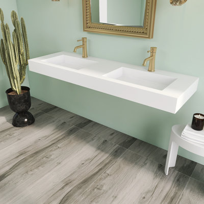 59''solid Surface Wall Mount Double-basin Bathroom Vessel Sink In Matte White