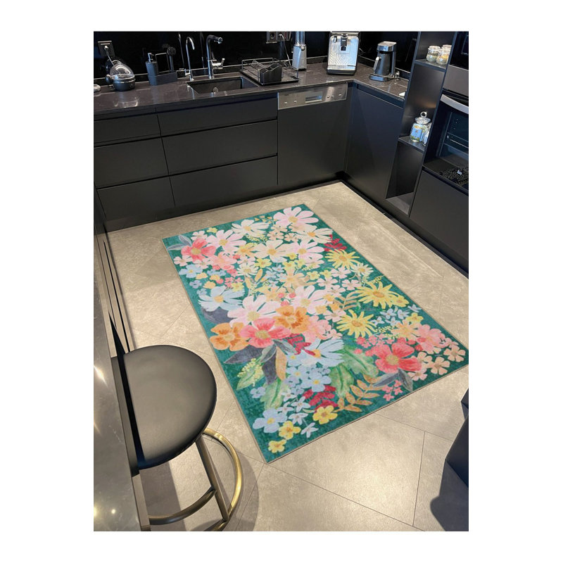 Tapis lavable décoratif moderne à motif floral turquoise, Sous-tapis carré 3 pi 3 po inclus