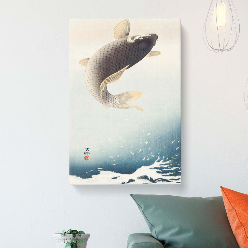 Jumping Carp Fish by Ohara Koson - Wrapped Canvas Painting, 50cm H x 35cm W x 3cm D