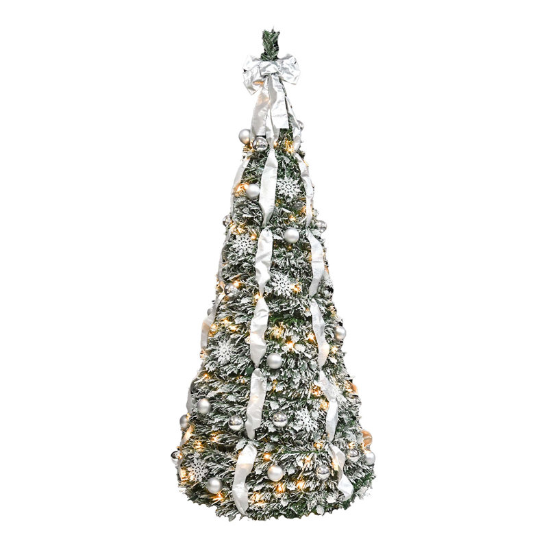 Arbre de Noël pop-up floqué avec lumières intégrées et ornements pré-décorés, parfait pour une installation rapide et un décor des Fêtes dans les petits espaces.