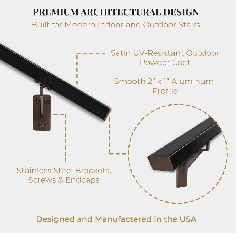 Modern Architectural Aluminum Stair Handrail For Indoor And Outdoor Stairs, Wall Mount Staircase Railing Kit With Stainless Steel Brackets And Screws, Powder Coated