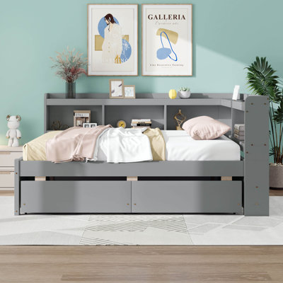 Lit double en forme de L avec bibliothèques, prises de courant et ports de charge USB, cadre de canapé-lit en bois avec 2 tiroirs de rangement