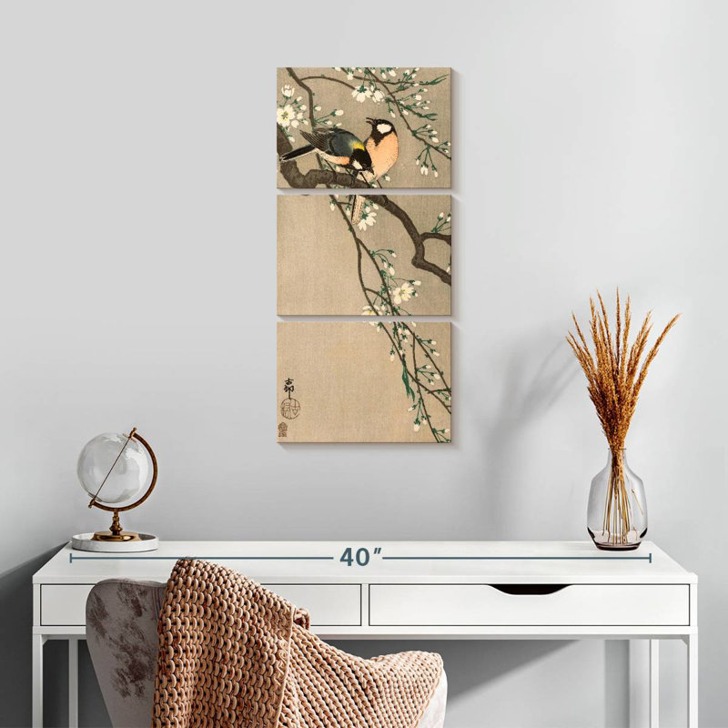 Oiseaux chanteurs sur une branche de cerisier, H 27 po x l 12 po