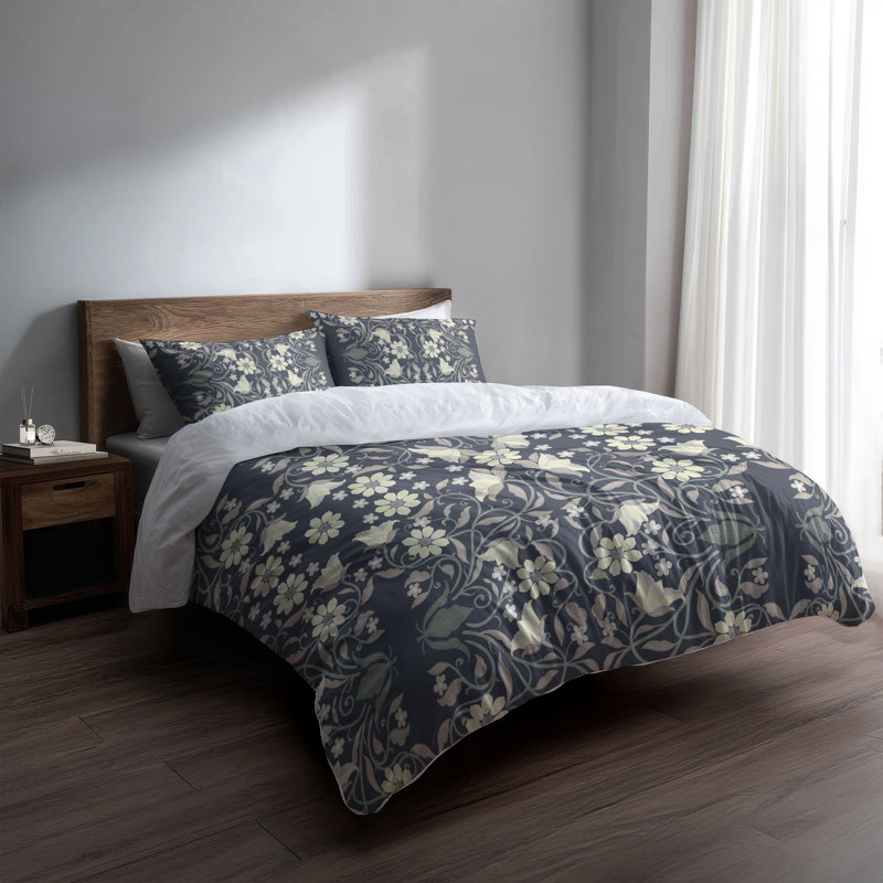 Ensemble d'édredon léger Colette, Édredon simple + 2 taies d'oreiller standard, Motif floral marine