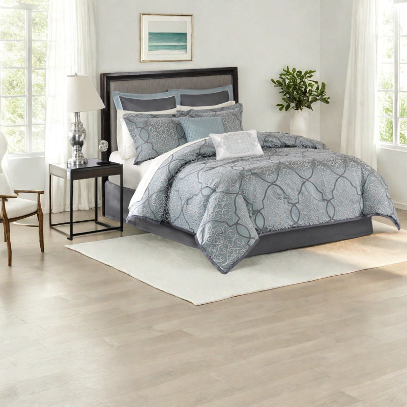 Luxury Blue Cotton Bedding Sets, Modern Jacquard Queen Comfort For Home