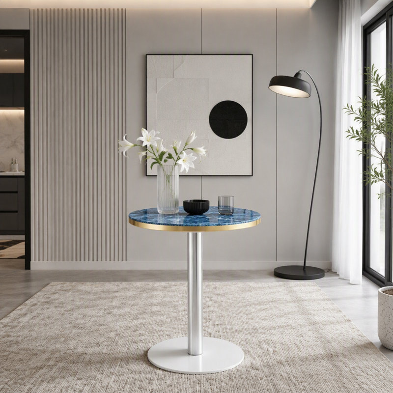 Table bistro ronde de 23,6 pouces avec bord en acier inoxydable et plateau en marbre brillant, Blue+Gold,Silver