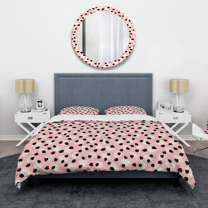 Ensemble de housse de couette moderne noir et blanc à pois rétro rose - microfibre de polyester