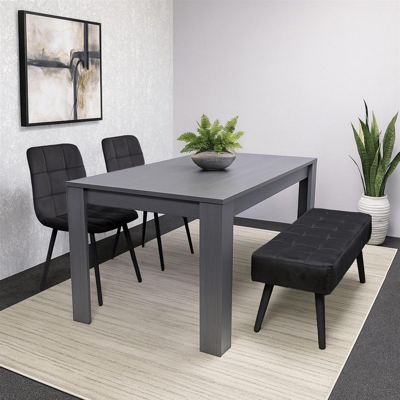 Wooden Dining Set with 2 Velvet Chairs and Bench, Charcoal, Black, 75cm H x 140cm L x 80cm W