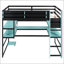 Lit mezzanine double en bois avec bureau, rangement latéral, multi-tablettes et lumière RVB, bleu nuage