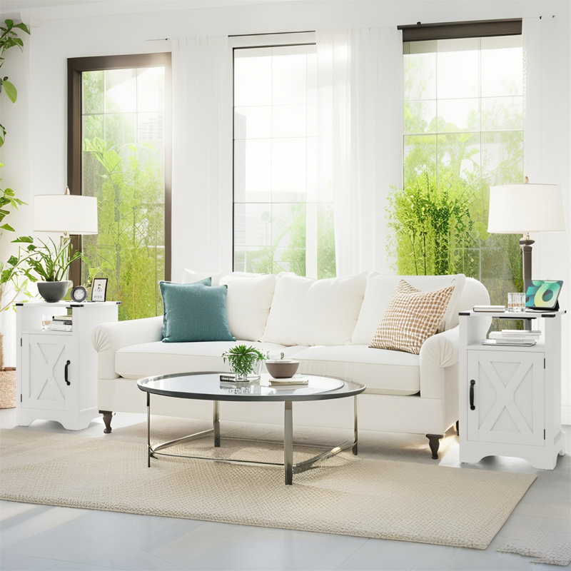 Table de chevet polyvalente en bois avec prises électriques et rangement abondant, Blanc, Ensemble de 2
