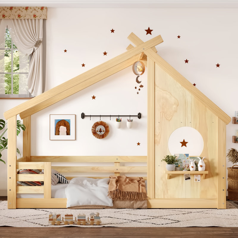 Kids Twin Solid Wood House Floor Bed With Window And Small Shelf, Lit simple, Naturel