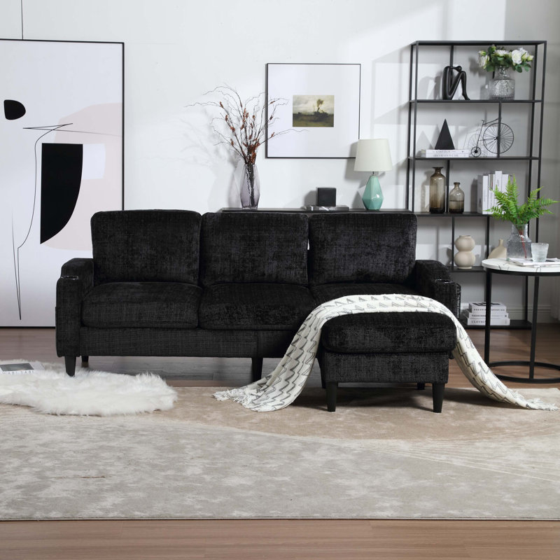 Adylynn Upholstered L-Shaped Sectional, Black Chenille