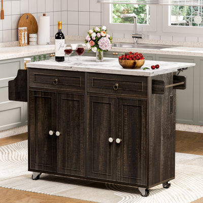 Farmhouse Kitchen Island Cart With Power Outlet & Foldable Tabletop, Portable Rolling Kitchen Island With Locking Wheels, Spice Rack & Storage Cabinets