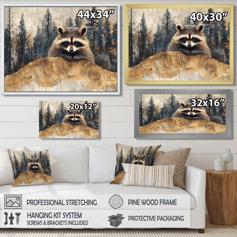 Cute Raccoon In The Winter Forest II - Animals Canvas Wall Decor, Black Single Picture Framed, 24" H x 32" W