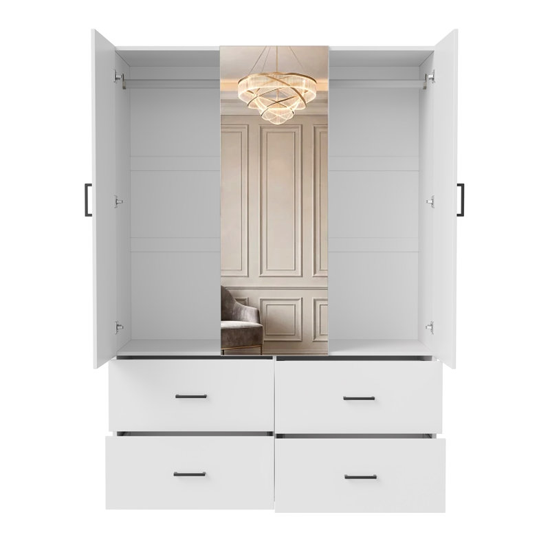 130/160cm W Modern Wardrobe with Drawers & LED Lights, Freestanding Clothes Armoire with Mirror, White & Fluted Glass