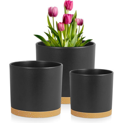 Cylinder Plastic Plant Pots Set Of 3 (8, 7 & 6 Inch) – Black With Brown