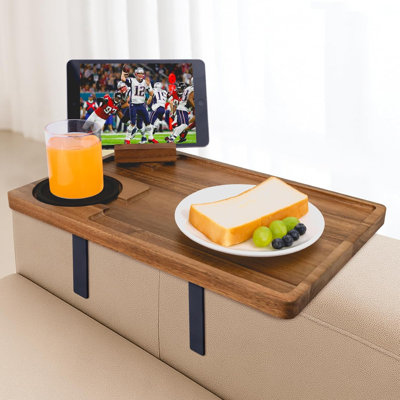 Couch Armrest Table, Acacia Wood Sofa Arm Tray With Adjustable Metal Clamp, Sofa TV Tray With Rotating Phone Holder For Snacks Drink Remotes, Include Black Coaster